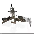 Modern Watchtower And Military Vehicle In Defense Scene With Concrete Fence And Stones